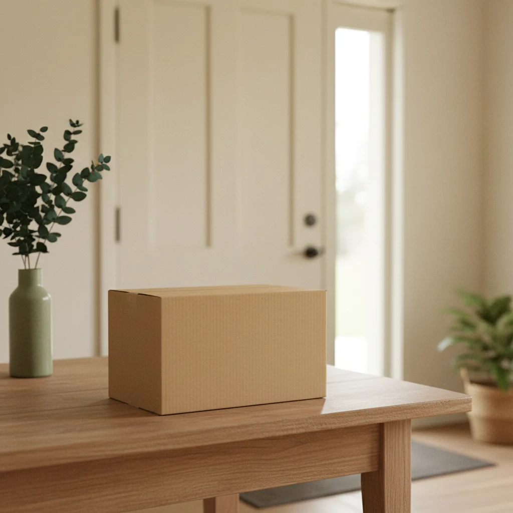 A neat kraft parcel box placed on a table near a bright front door entryway
